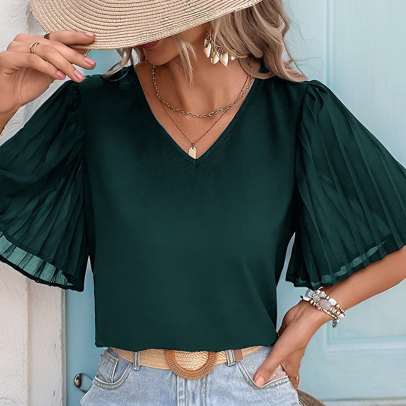 Adoria | Women's V-Neck Short Sleeve Elegant Top in Pine Green