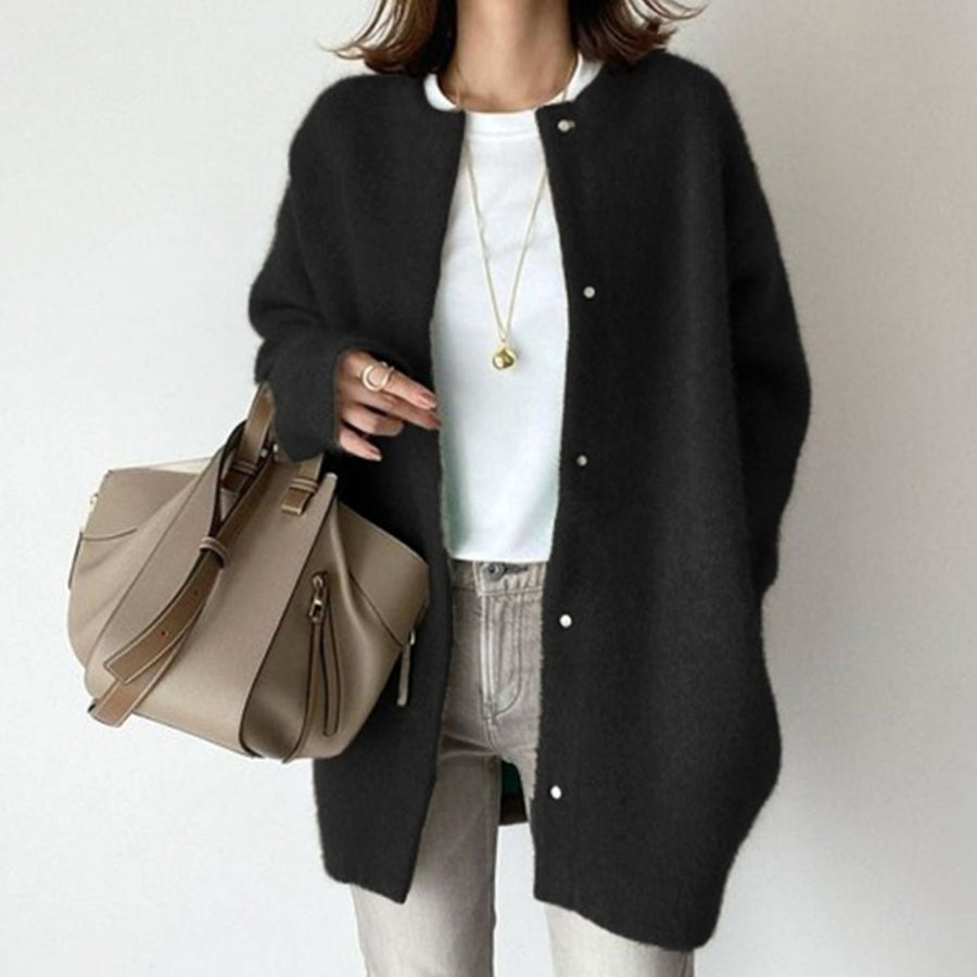 Adrienne | Women's Oversized Button-Down Fluffy Knit Winter Cardigan in Black