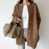 Adrienne | Women's Oversized Button-Down Fluffy Knit Winter Cardigan in Caramel
