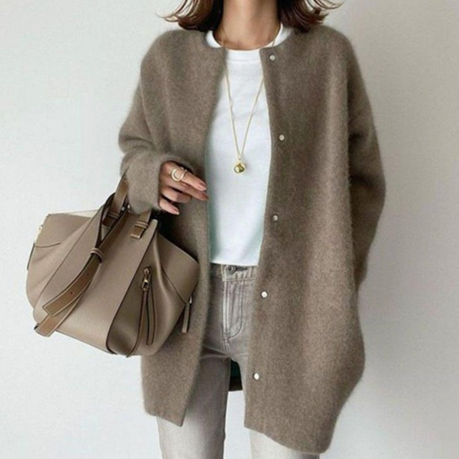 Adrienne | Women's Oversized Button-Down Fluffy Knit Winter Cardigan in Coffee