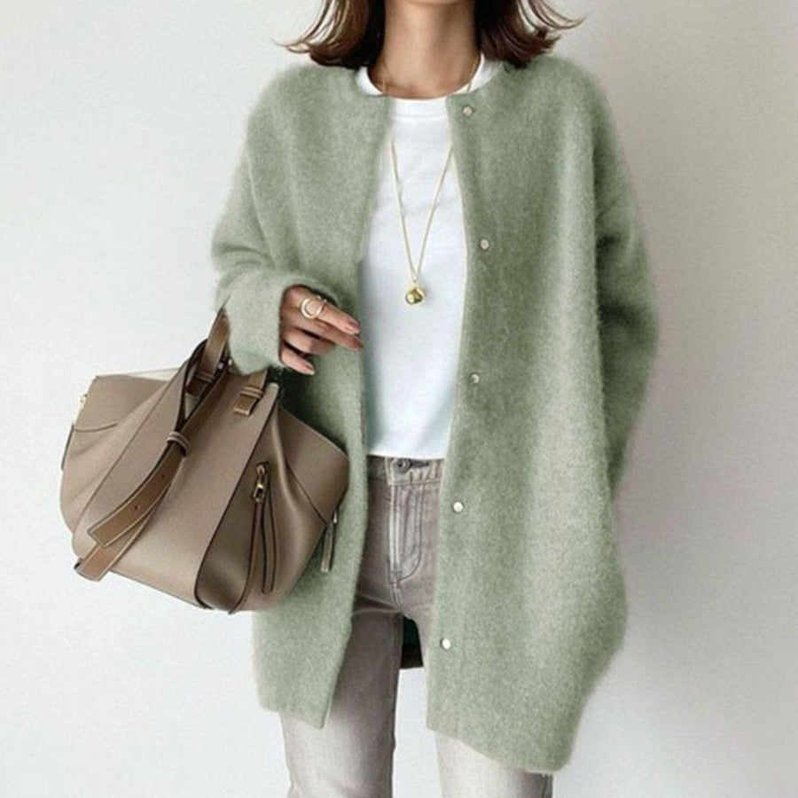 Adrienne | Women's Oversized Button-Down Fluffy Knit Winter Cardigan in Green