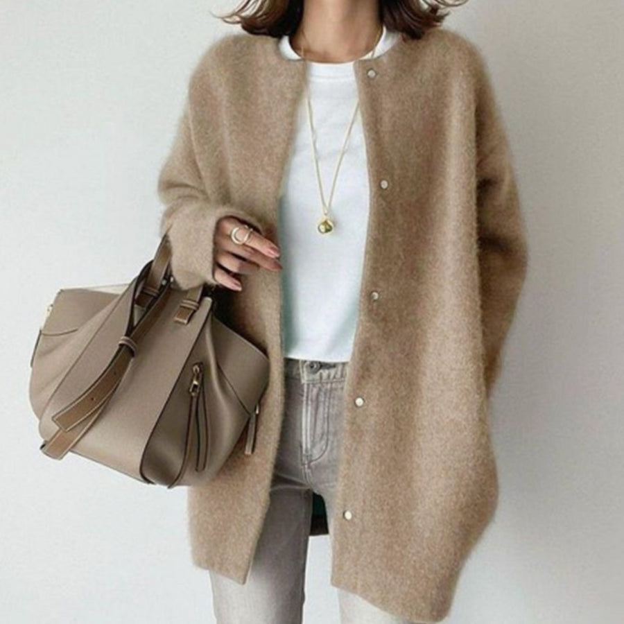 Adrienne | Women's Oversized Button-Down Fluffy Knit Winter Cardigan in Khaki