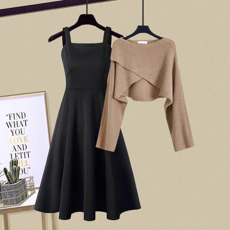 Aefre | Women's Sleeveless Dress with Cropped Cardigan Outfit Set in Brown