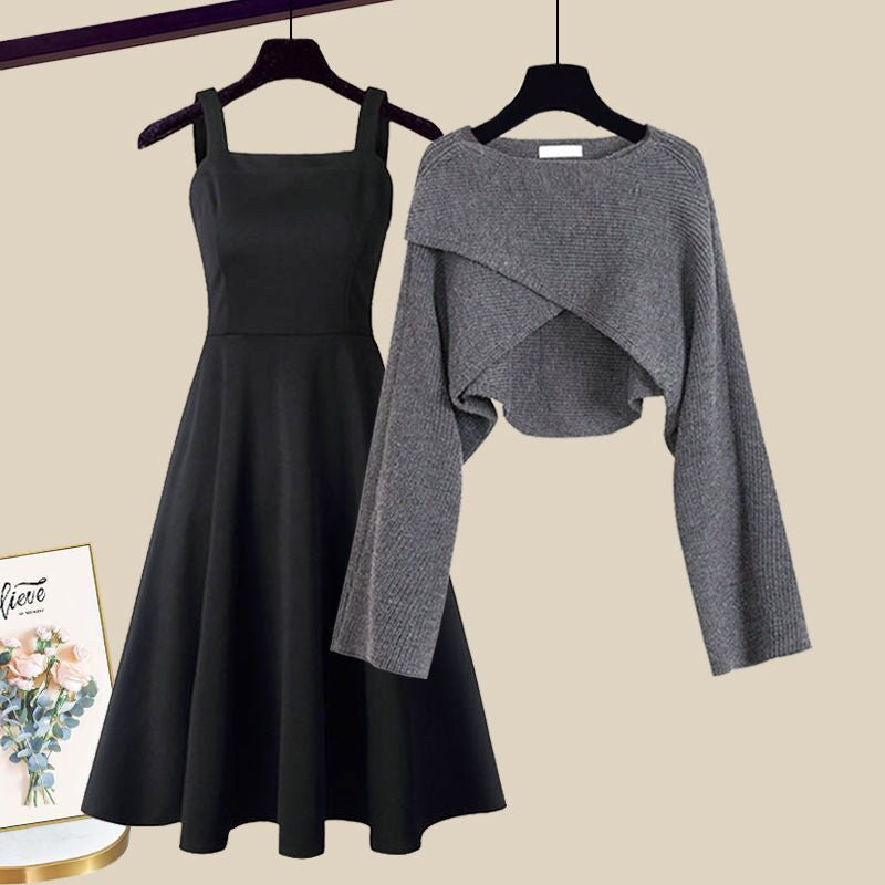Aefre | Women's Sleeveless Dress with Cropped Cardigan Outfit Set in Gray