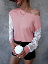 Aegina | Women's Textured Long Sleeve Lace Elegant Top in Pink