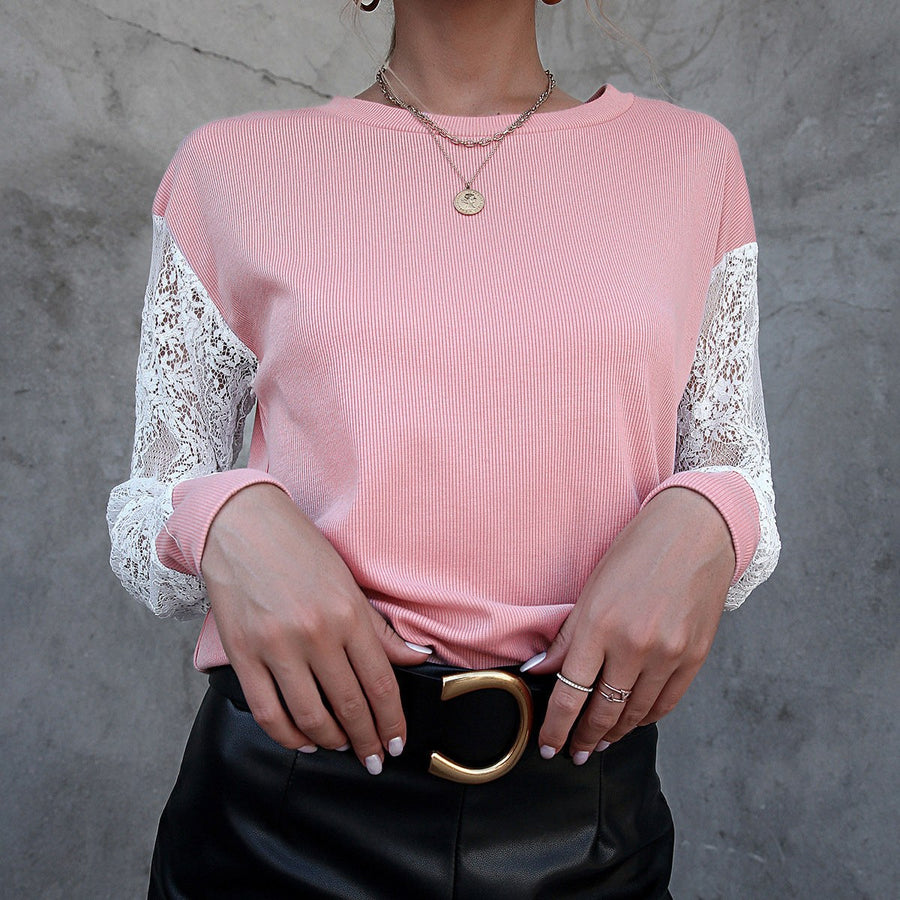 Aegina | Women's Textured Long Sleeve Lace Elegant Top in Pink