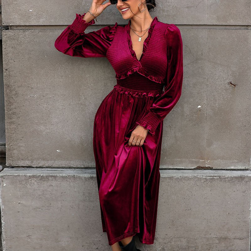 Aemilia | Women's Ruffle Detail Long Sleeve Elegant Wrap Dress in Wine Red