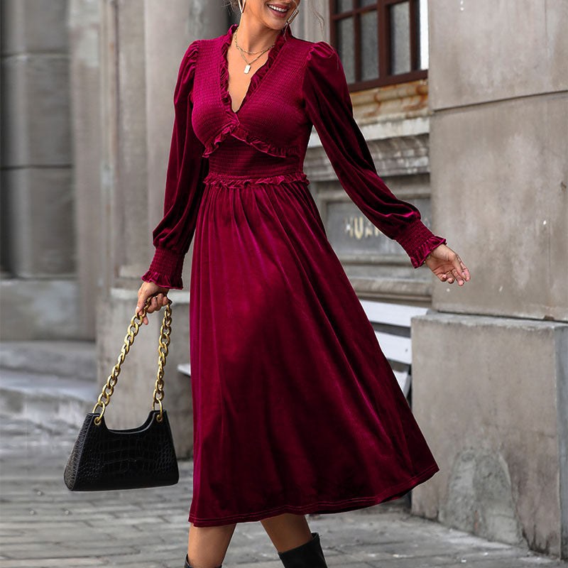 Aemilia | Women's Ruffle Detail Long Sleeve Elegant Wrap Dress in Wine Red