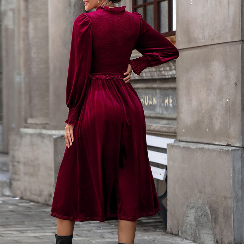 Aemilia | Women's Ruffle Detail Long Sleeve Elegant Wrap Dress in Wine Red