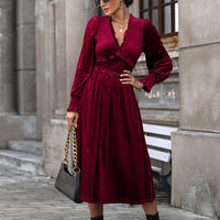 Aemilia | Women's Ruffle Detail Long Sleeve Elegant Wrap Dress in Wine Red