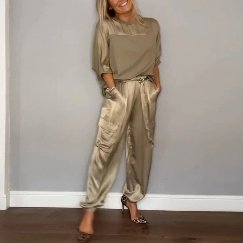 Agata | Women's Utility Pocket Pants Outfit Set in Gold