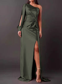 Agnes | Women's Asymmetric Elegant Evening Dress in Olive Green