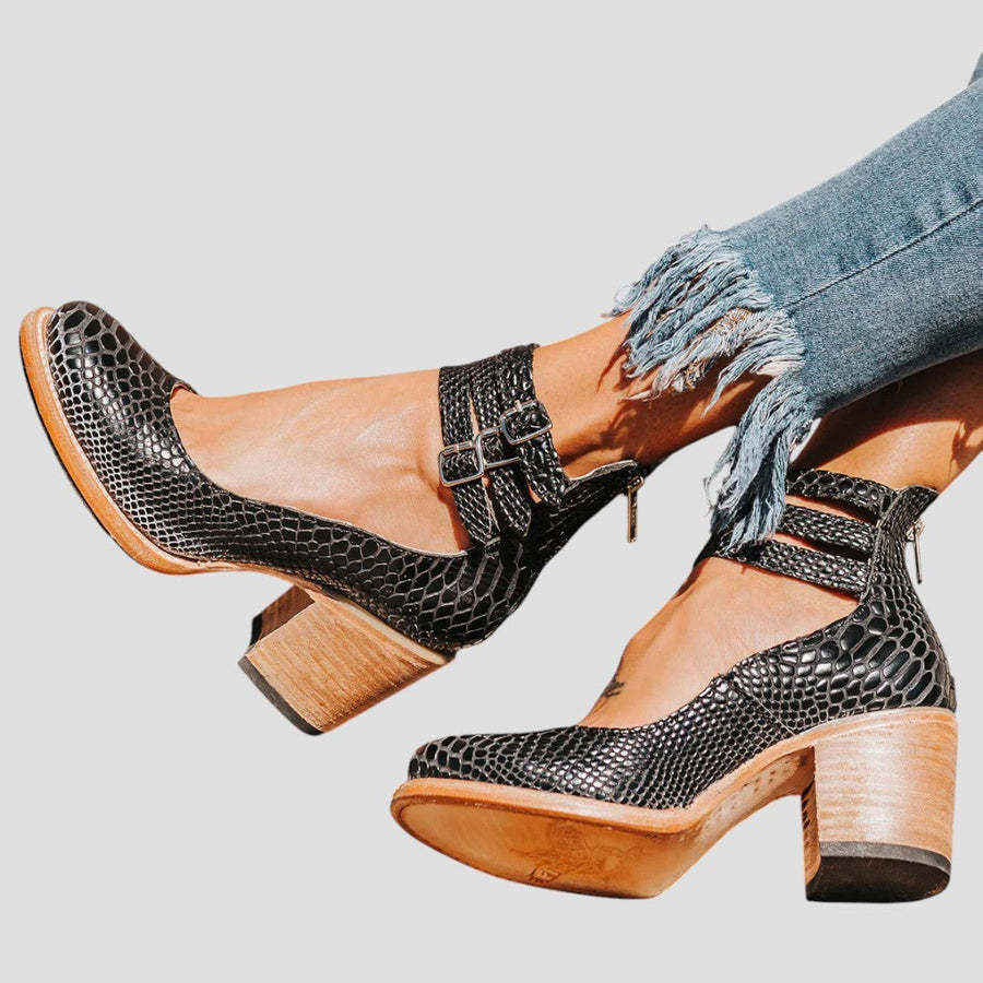 Agnes | Women's Closed Toe Buckle Strap Block Heels in Black B