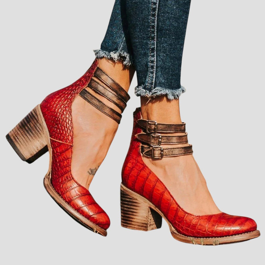 Agnes | Women's Closed Toe Buckle Strap Block Heels in Red B