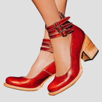 Agnes | Women's Closed Toe Buckle Strap Block Heels in Red