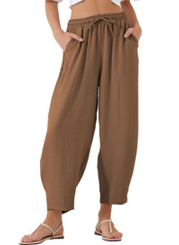 Aida | Women's Elastic Waist Pockets Lightweight Comfortable Casual Pants – Dress Pants in Brown