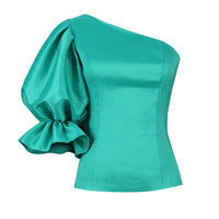 Aida | Women's Asymmetric Puff Sleeve Voluminous Blouse in Green