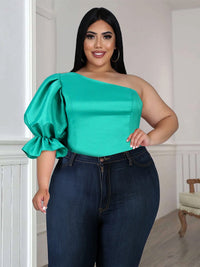 Aida | Women's Asymmetric Puff Sleeve Voluminous Blouse in Green