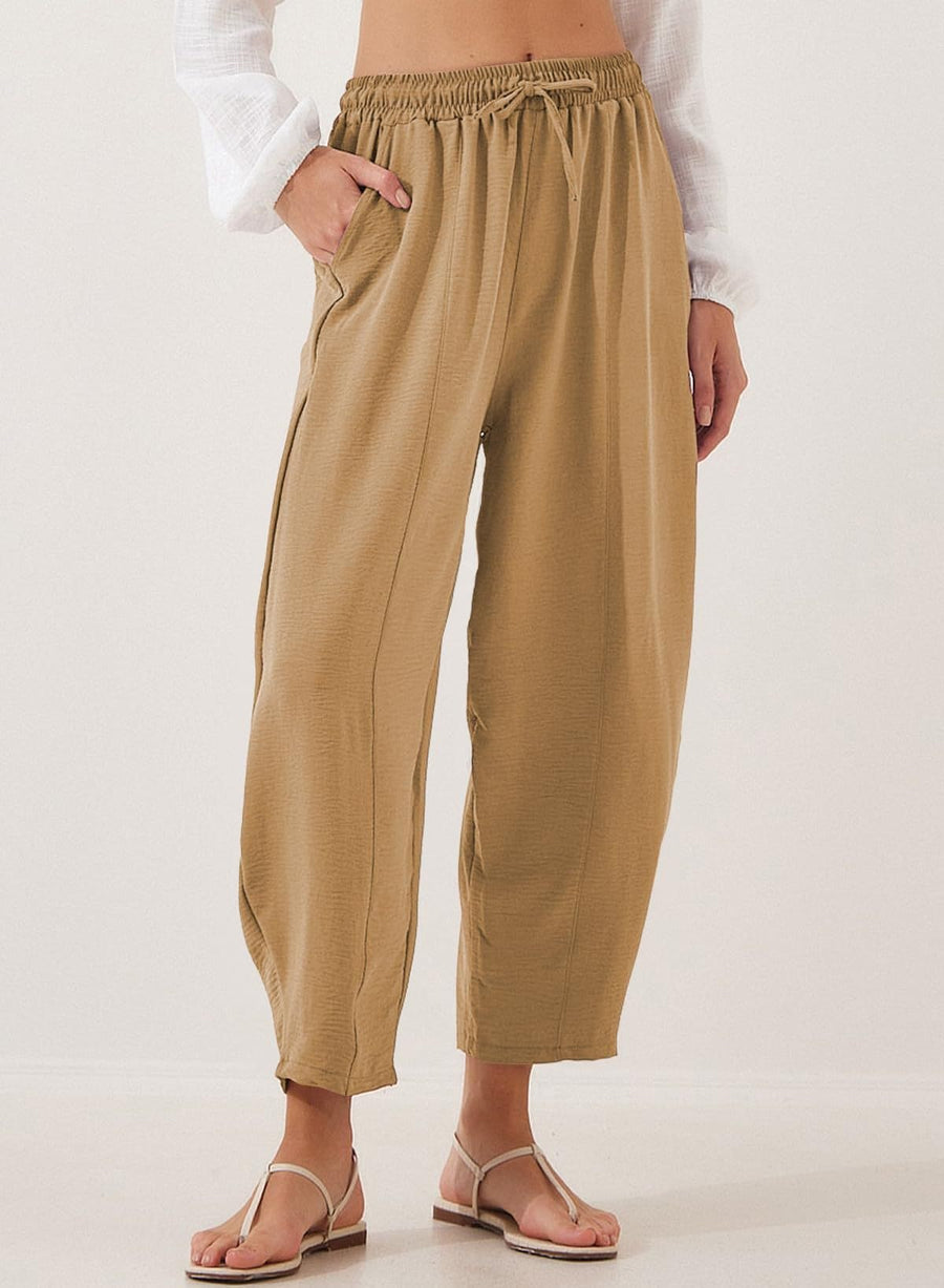 Aida | Women's Elastic Waist Pockets Lightweight Comfortable Casual Pants – Dress Pants in Khaki