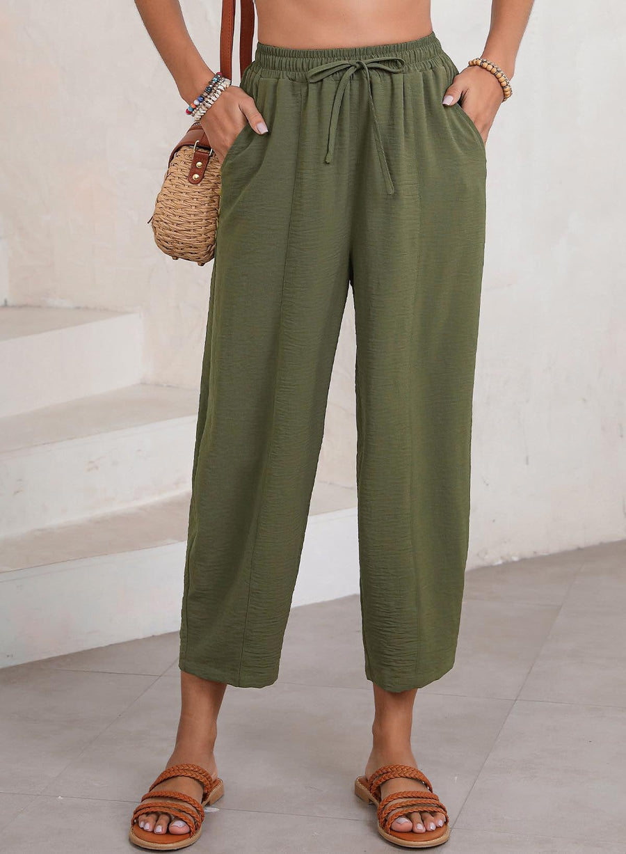 Aida | Women's Elastic Waist Pockets Lightweight Comfortable Casual Pants – Dress Pants in Olive Green