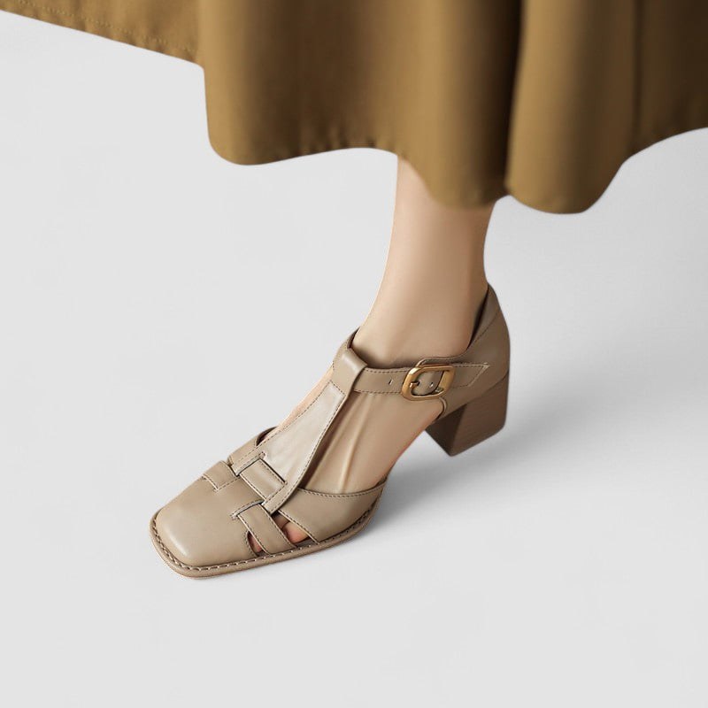 Aimee | Women's Closed Toe T-Strap Block Heels in Beige