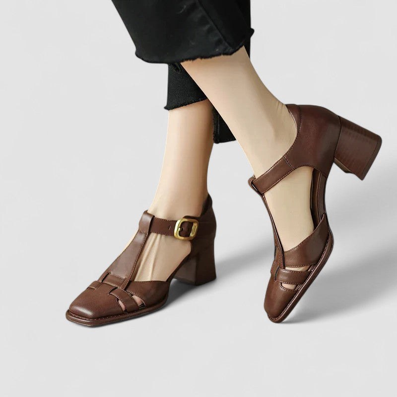 Aimee | Women's Closed Toe T-Strap Block Heels in Brown