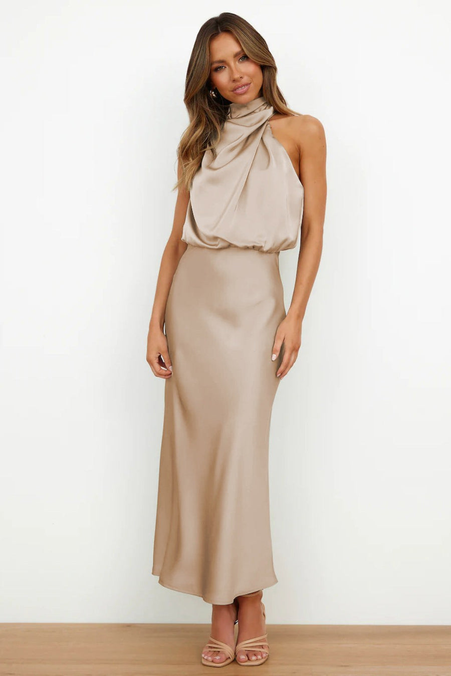 Alaine | Women's Asymmetric Flowing Elegant Maxi Dress in Apricot