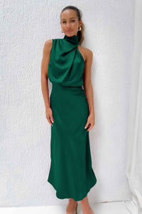 Alaine | Women's Asymmetric Flowing Elegant Maxi Dress in Dark Green