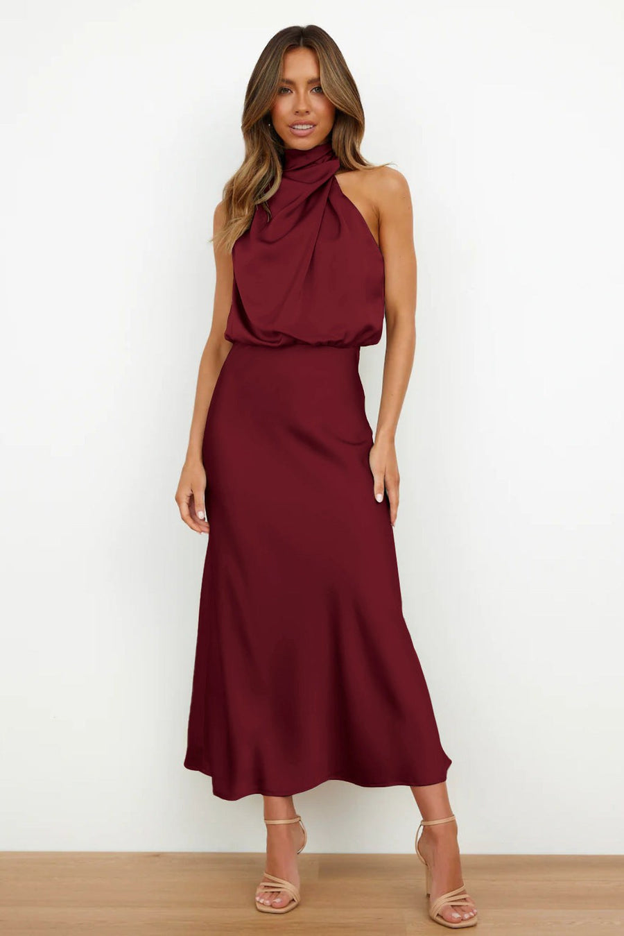 Alaine | Women's Asymmetric Flowing Elegant Maxi Dress in Wine Red