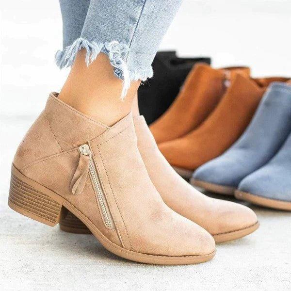 Alba | Women's Ankle Block Heel Side Zip Boots in Beige