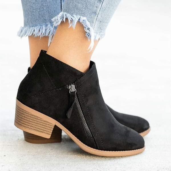 Alba | Women's Ankle Block Heel Side Zip Boots in Black