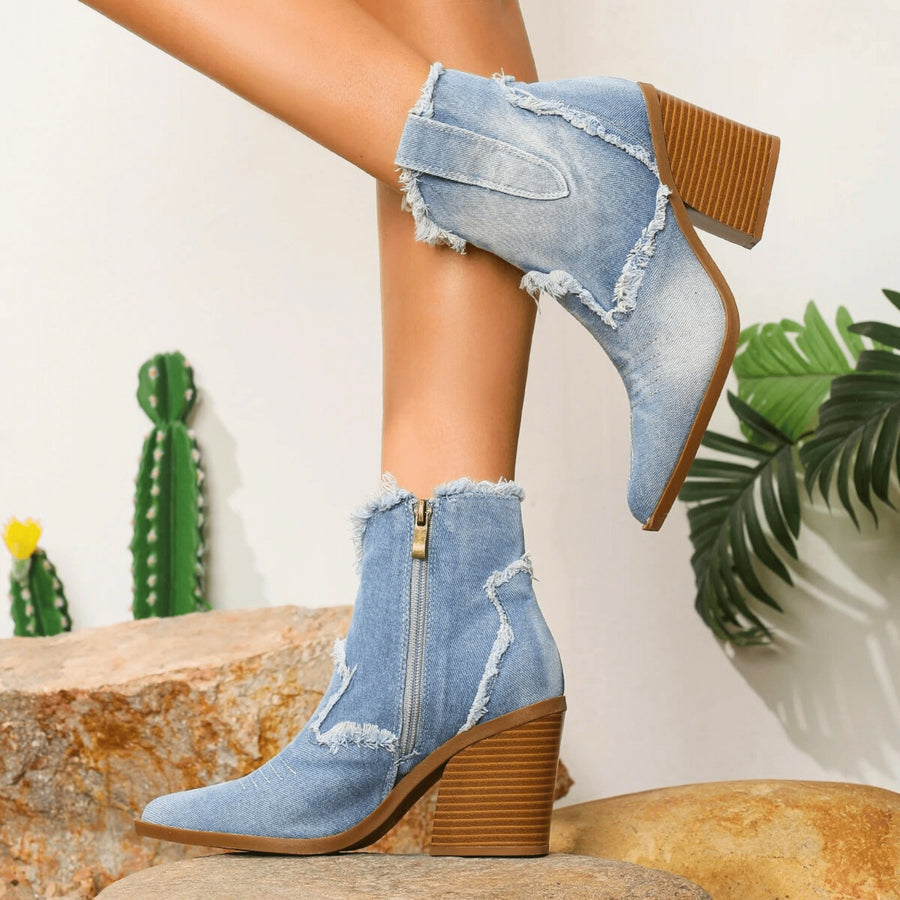 Alberta | Women's Ankle Block Heel With Side Zip Boots in Blue