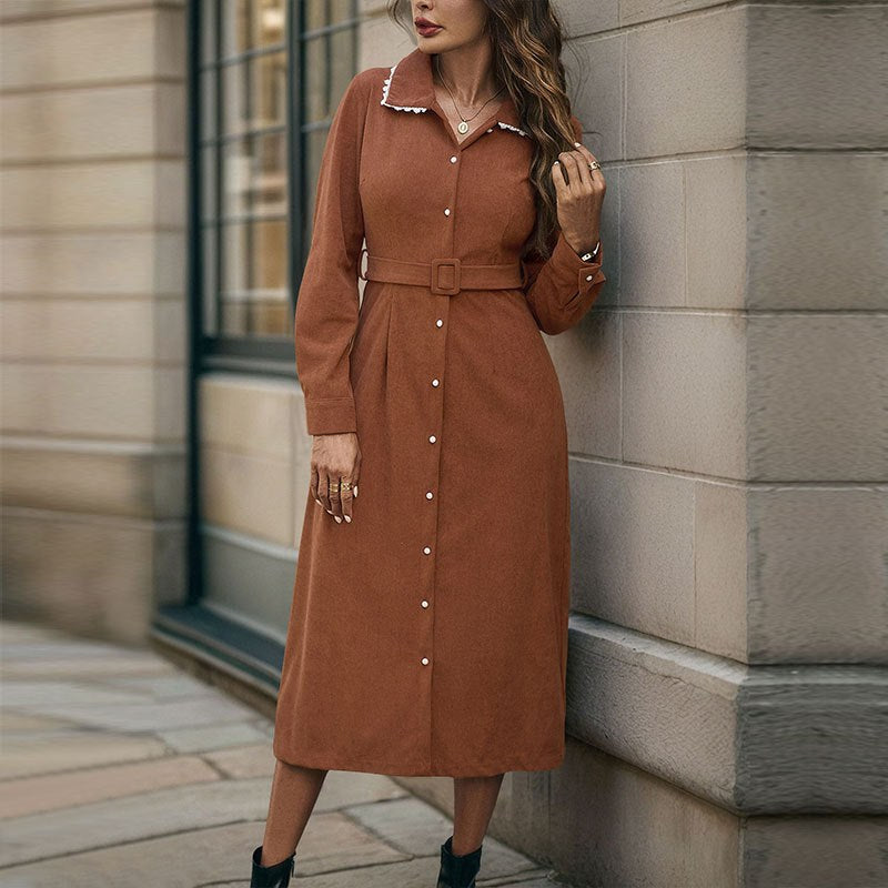 Aldegonde | Women's Waist Belt Belted Elegant Maxi Dress in Chestnut Brown