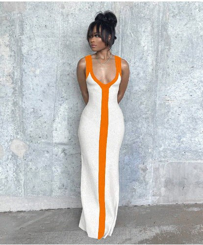 Aleta | Women's V-Neck Striped Elegant Maxi Dress in Orange