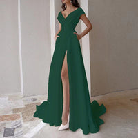 Alethia | Women's V-Neck Slit Elegant Maxi Dress in Dark Green