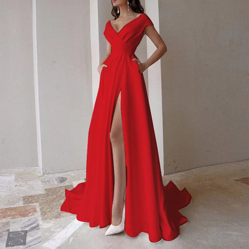 Alethia | Women's V-Neck Slit Elegant Maxi Dress in Red