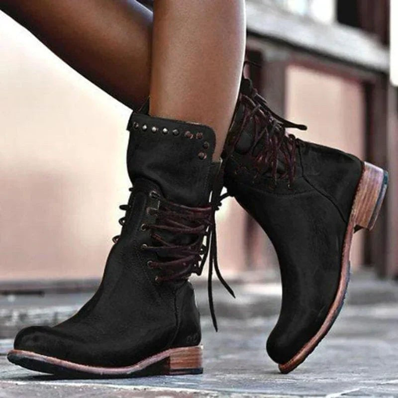 Alfreda | Women's Ankle-Height Lace-Up Front Boots in Black