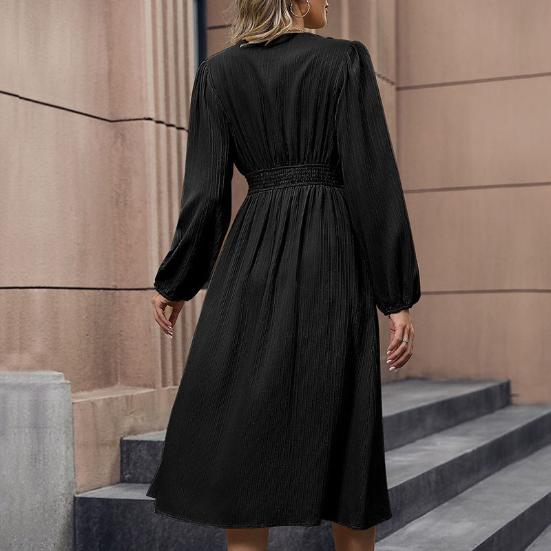 Alianora | Women's V-Neck Button Detail Elegant Midi Dress