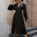 Alianora | Women's V-Neck Button Detail Elegant Midi Dress