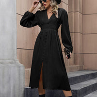 Alianora | Women's V-Neck Button Detail Elegant Midi Dress
