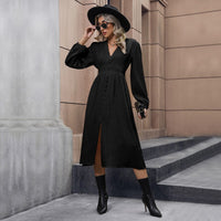Alianora | Women's V-Neck Button Detail Elegant Midi Dress in Black