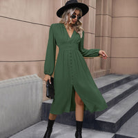 Alianora | Women's V-Neck Button Detail Elegant Midi Dress in Green