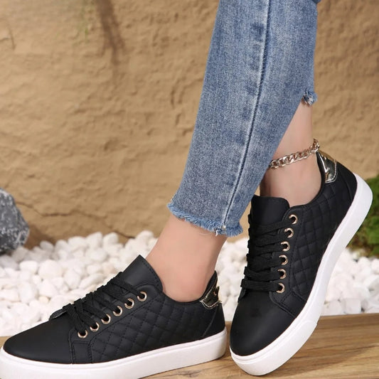 Alice | Women's Quilted Lace-Up Gold-Detail Shoes Sneakers in Black