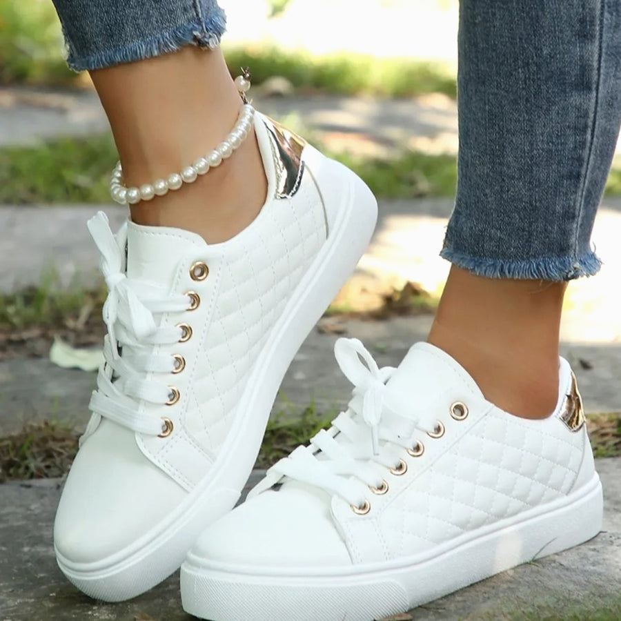 Alice | Women's Quilted Lace-Up Gold-Detail Shoes Sneakers in White