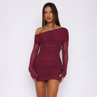 Alisanne | Women's Asymmetric Ruched Elegant Mini Dress in Wine Red