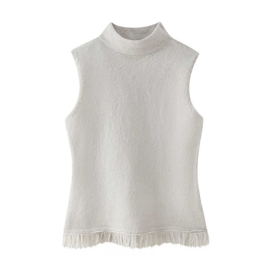 Alma | Women's Stand Collar Fringe Sleeveless Knit Elegant Top in Beige