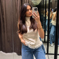 Alma | Women's Stand Collar Fringe Sleeveless Knit Elegant Top in Beige