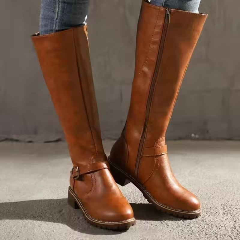 Alva | Women's Knee High Flat Heel With Buckle Strap Boots