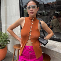 Alva | Women's Button-Front Sleeveless Knit Top in Rust Red