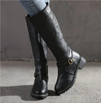 Alva | Women's Knee High Flat Heel With Buckle Strap Boots in Black